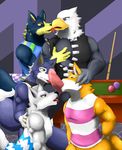  2014 animal_crossing anthro apollo beak canine chief_(animal_crossing) clothing cum cum_on_penis eagle erection fang_(animal_crossing) feathers gay group group_sex half-closed_eyes inside lobo male mammal muscles nintendo open_mouth orgy penis room sex shirt squint tongue tongue_out unknown_artist video_games wolf wolfgang yellow_eyes 