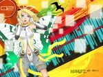  alternate_costume asano_ame bangle blonde_hair blue_eyes bracelet character_name elbow_gloves fingerless_gloves gloves headphones jewelry kagamine_rin kagamine_rin_(append) navel open_mouth short_hair shorts solo suspenders vocaloid vocaloid_append 