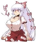  bow breast_expansion breasts bursting_breasts cleavage commentary_request covered_nipples fujiwara_no_mokou hair_bow highres huge_breasts long_hair pants ponytail popped_button puffy_nipples red_eyes simple_background solo space_jin suspenders sweatdrop touhou wardrobe_malfunction white_background white_hair 
