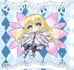  blonde_hair blue_background blue_eyes blush checkered checkered_background chibi collet_brunel flower highres jewelry lace_background lace_border long_hair milkpanda pantyhose ring smile solo tales_of_(series) tales_of_symphonia wings 