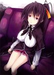  1girl black_hair breasts high_school_dxd highres himejima_akeno large_breasts long_hair miyama-zero official_art ponytail purple_eyes sad sitting solo 