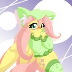  bottomless clothed clothing cutie_mark equine female fluttershy_(mlp) friendship_is_magic fur green_eyes hair half-dressed hoodie horse legwear long_hair looking_at_viewer mammal my_little_pony pegasus pink_hair pony ragurimo simple_background solo stockings wings yellow_fur 