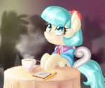  blue_eyes blue_hair clothing coco_pommel_(mlp) coffee collar cup equine female flower friendship_is_magic hair hi_res horse inside kakashischika mammal my_little_pony necktie notepad pencil pony smile solo steam table two_tone_hair 