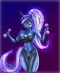  absurd_res anthro anthrofied blue_eyes blue_hair breasts cleavage clothed clothing dumbbell equine erect_nipples female friendship_is_magic hair hi_res horn horse mammal muscles my_little_pony navel nipples phone pony princess_luna_(mlp) shiny sixpathoffriendship sparkles standing winged_unicorn wings 