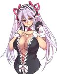  blush bow breasts cleavage hair_ribbon hand_on_own_chest horns houtengeki large_breasts long_hair looking_at_viewer maid maid_headdress no_legs original purple_eyes purple_hair ribbon short_sleeves simple_background smile solo twintails upper_body white_background wrist_cuffs 