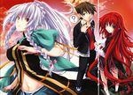  1boy 2girls absurdres belly blue_eyes braid breasts brown_hair grayfia_lucifuge green_eyes high_school_dxd highres hyoudou_issei large_breasts milf miyama-zero multiple_girls navel official_art red_eyes red_hair rias_gremory school_uniform smile socks standing twin_braids twintails white_hair white_legwear white_socks 