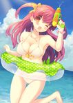  barefoot beach bikini blush bow breasts cleavage day hair_bow innertube jewelry kinoko large_breasts long_hair moe2014 necklace ocean one_eye_closed open_mouth original outdoors red_eyes red_hair side-tie_bikini smile solo swimsuit thigh_gap two_side_up water water_gun 