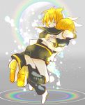  1boy 1girl 7:24 ^_^ blonde_hair checkered checkered_background closed_eyes detached_sleeves eyes_closed facing_away full_body grey_background hair_ribbon hands_on_another&#039;s_back hands_on_another's_back highres hug kagamine_len kagamine_rin liquid rainbow ribbon sailor_collar shirt short_hair shorts simple_background stain teeth vocaloid white_ribbon white_shirt 