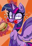  burger cutie_mark eating equine female food friendship_is_magic glowing hair horn horse kaliptro2 ketchup lettuce levitation looking_at_viewer magic mammal my_little_pony pony purple_eyes purple_hair sitting solo sparkle tomato twilight_sparkle_(mlp) winged_unicorn wings 