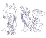 annoyed discord_(mlp) draconequus english_text equine female feral friendship_is_magic horn horse male mammal mickeymonster monochrome my_little_pony pony princess_celestia_(mlp) text winged_unicorn wings 