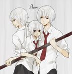  1girl 2boys blood bob_cut copyright_name height_difference hug kaibutsu lead_pipe looking_at_viewer multiple_boys necktie red_eyes school_uniform short_sleeves smile twintails white_hair 