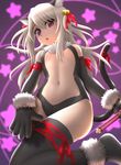  animal_ears bare_shoulders bell blush cat_ears cat_tail center_opening fate/kaleid_liner_prisma_illya fate_(series) highres illyasviel_von_einzbern long_hair magical_girl paws prisma_illya red_eyes siraha solo tail thighhighs white_hair 