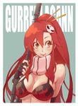  achako_(badendo) bikini_top blush breasts cleavage copyright_name fingerless_gloves gloves gun hair_ornament highres large_breasts long_hair ponytail red_hair rifle scarf smile solo tengen_toppa_gurren_lagann weapon yellow_eyes yoko_littner 