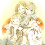  2girls ayano_no_koufuku_riron_(vocaloid) black_hair blonde_hair brown_hair child closed_eyes green_hair group_hug hair_ornament hairclip hood hoodie hug kagerou_project kano_shuuya kido_tsubomi long_hair maiori_00 multiple_boys multiple_girls orange_eyes red_eyes scarf seto_kousuke short_hair smile tateyama_ayano younger 