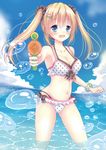  bad_id bad_pixiv_id bikini blonde_hair blue_eyes blush bracelet breasts bubble cleavage cloud day fang frilled_bikini frills highres jewelry layered_bikini long_hair medium_breasts navel ocean original polka_dot polka_dot_bikini polka_dot_swimsuit sky solo swimsuit twintails ueno_tomo wading water water_gun 