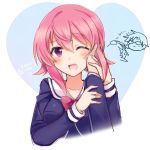  1girl ;d blue_jacket chaos;child collarbone cropped_torso eyebrows_visible_through_hair hair_between_eyes hand_on_another&#039;s_cheek hand_on_another&#039;s_face heart highres jacket long_sleeves looking_at_viewer one_eye_closed onoe_serika open_mouth pink_hair pink_neckwear purple_eyes rotte_(1109) sailor_collar shiny shiny_hair short_hair_with_long_locks sidelocks smile upper_body white_background white_sailor_collar 