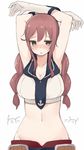  armpits arms_up bad_id bad_pixiv_id blush breasts cleavage gloves green_eyes groin kantai_collection large_breasts long_hair looking_at_viewer midriff navel nekoume noshiro_(kantai_collection) open_mouth red_hair simple_background solo white_background 