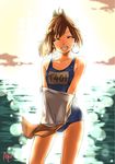  abo_(hechouchou) artist_name bare_shoulders brown_hair closed_eyes glowing highres i-401_(kantai_collection) kantai_collection one-piece_swimsuit ponytail school_swimsuit school_uniform short_hair short_ponytail sky smile solo swimsuit tan water 