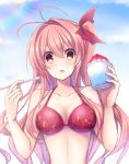  1girl absurdres antenna_hair bow breasts chaos;head cleavage collarbone cup eyebrows_visible_through_hair floating_hair hair_between_eyes hair_bow highres holding holding_cup long_hair looking_at_viewer medium_breasts nishijou_myu pink_hair red_bikini_top red_bow red_eyes sakihata_rimi shaved_ice shiny shiny_hair solo sunlight upper_body very_long_hair 