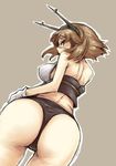 ass black_panties blush breasts brown_hair commentary_request from_behind gloves green_eyes grey_background headgear kantai_collection large_breasts looking_at_viewer looking_back mutsu_(kantai_collection) ofuro_mantarou outline panties short_hair solo thigh_gap underwear white_gloves 