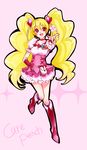  blonde_hair boots bow character_name cherry_blossoms choker cure_peach earrings fresh_precure! hair_ornament heart heart_hair_ornament highres jewelry knee_boots long_hair magical_girl mikan_(mikataaaa) momozono_love petals pink_background pink_bow pink_choker pink_footwear precure red_eyes skirt smile solo twintails 