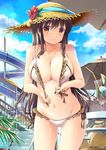  bad_id bad_pixiv_id bare_shoulders bikini blush breasts brown_eyes brown_hair chair drink flower frilled_bikini frills front-tie_top groin hat hat_flower highres large_breasts long_hair looking_at_viewer navel onaka_sukisuki original plant shiny shiny_skin side-tie_bikini solo stairs straw_hat sun_hat swimsuit untied water water_slide 