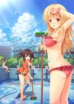  :o armpits ass barefoot bikini blonde_hair blue_eyes breasts broom brown_eyes brown_hair butt_crack cleaning cleavage cloud day empty_pool frilled_bikini frills hose light_rays long_hair looking_at_viewer looking_back medium_breasts multiple_girls one_eye_closed original ouka_(ra-raradan) outdoors polka_dot polka_dot_bikini polka_dot_swimsuit pool scrunchie shiny shiny_skin side-tie_bikini sky striped striped_bikini sunbeam sunlight swimsuit twintails water wrist_scrunchie 
