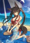  :o animal_ears bag beach_umbrella bikini bottle breasts brown_hair cleavage dog_ears dog_tail green_eyes highres innertube large_breasts long_hair nuko_miruku original sitting solo swimsuit tail twintails umbrella wariza water_bottle 