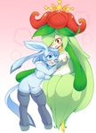  anthrofied blue_eyes blush breast_grab breasts eeveelution eyewear female flora_fauna glaceon legwear lilligant nintendo one_eye_closed open_mouth pok&#233;mon pok&eacute;mon raikissu red_eyes shirt_up stockings topless video_games 