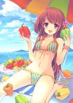  :d ahoge ass_visible_through_thighs barefoot beach beach_umbrella bell_pepper bikini blue_eyes blush breasts chair cleavage cloud cloudy_sky day flower folding_chair food frilled_bikini frills front-tie_top groin hair_flower hair_ornament huge_ahoge leaning_back long_hair looking_at_viewer medium_breasts navel ocean open_mouth original outdoors pepper red_hair reia side-tie_bikini sitting sky smile solo striped striped_bikini swimsuit two_side_up umbrella untied untied_bikini vegetable vertical-striped_bikini vertical_stripes wariza water wristband 