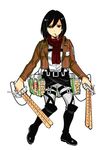  belt black_hair boots cropped_jacket emblem food food_in_mouth food_themed_clothes full_body grey_eyes jacket knee_boots long_sleeves looking_at_viewer mikasa_ackerman okada_(hoooojicha) paradis_military_uniform pocky scarf shingeki_no_kyojin short_hair snack standing thigh_strap three-dimensional_maneuver_gear white_background 