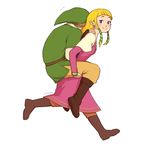  1girl artist_name blonde_hair blue_eyes boots bracelet brown_footwear brown_hair carrying dress eunnieboo flying_sweatdrops full_body gloves hat jewelry link long_hair piggyback pink_dress pointy_ears princess_zelda purple_eyes role_reversal running sidelocks signature smile the_legend_of_zelda the_legend_of_zelda:_skyward_sword tunic 