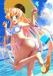  ass bandeau barefoot bikini blonde_hair blue_eyes blush breasts cloud day dutch_angle feet flip-flops food frilled_bikini frills hat highres hkn_(ringya) kneepits large_breasts leg_up legs long_hair looking_back ocean open_mouth original popsicle running sandals sandals_removed sky soles solo straw_hat swimsuit underboob very_long_hair water 