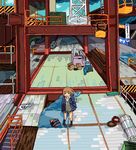  blazer box brown_hair cable construction_site drawr i-beam jacket kaworu kneehighs loafers looking_at_viewer original pigeon-toed pipes rafters school_uniform shoes short_hair sweat tarpaulin 