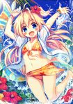  akabane_(zebrasmise) bikini blonde_hair blue_eyes blush fang flower hair_flower hair_ornament hibiscus long_hair moe2014 ocean open_clothes open_mouth open_shirt original sarong shirt smile solo swimsuit water 