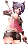  animal_ears ass bandeau belt black_hair breasts fingerless_gloves from_behind gloves god_eater god_eater_2:_rage_burst hair_ornament hairclip highres kouzuki_nana looking_at_viewer looking_back medium_breasts purple_eyes short_hair short_shorts shorts smile solo strapless thighhighs underboob vest watanuki_kaname white_background 