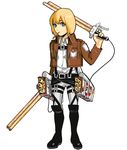  armin_arlert belt blonde_hair blue_eyes bob_cut boots cropped_jacket emblem food food_in_mouth food_themed_clothes full_body jacket knee_boots long_sleeves looking_at_viewer male_focus okada_(hoooojicha) over_shoulder pants paradis_military_uniform pocky shingeki_no_kyojin snack solo standing thigh_strap three-dimensional_maneuver_gear weapon weapon_over_shoulder white_background 