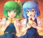  blue_eyes blue_hair blush bow cirno clenched_hands daiyousei dragon_ball dragon_ball_(object) fairy_wings fang green_eyes green_hair hair_bow highres komimiyako multiple_girls open_mouth ribbon short_hair side_ponytail smile touhou wings 