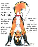  anus balls bent_over black_hair bow butt canine dialog english_text falstaff girly hair hi_res humor innuendo jessica_willard looking_at_viewer male mammal party party_games piercing plain_background presenting raised_tail ribbons solo text white_background 