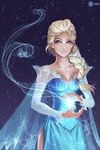  absurdres blonde_hair blue_dress blue_eyes braid cloak dress elsa_(frozen) eyeshadow frozen_(disney) guozi_li hair_over_shoulder highres long_hair magic makeup single_braid smile snowflakes solo 