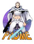  arm_cuffs blue_eyes boots brown_hair cape character_name crop_top energy_sword gun holster knee_boots kneeling lightsaber looking_at_viewer midriff navel okada_(hoooojicha) padme_amidala single_sleeve star_(sky) star_wars sword weapon wind 