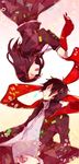  1girl black_hair closed_eyes hair_ornament hairclip hari_(tottchiya) kagerou_project kisaragi_shintarou long_hair red_scarf scarf school_uniform short_hair smile tateyama_ayano upside-down 