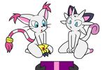  cyanzangoose digimon feline gasp gatomon gift looking_down male mammal meowth nintendo plain_background pok&#233;mon surprise video_games white_background 