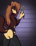  basic_background belt black-husky brown_fur butt canine cell_shading female fur green_eyes gun hair hybrid invalid_tag legwear long_hair looking_back mammal original_character pistol ranged_weapon red_hair revolver skunk solo stockings tan_fur weapon wolf 