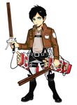  belt black_hair boots cropped_jacket emblem eren_yeager food food_in_mouth food_themed_clothes full_body green_eyes jacket knee_boots long_sleeves looking_at_viewer male_focus okada_(hoooojicha) paradis_military_uniform pocky shingeki_no_kyojin short_hair snack standing thigh_strap three-dimensional_maneuver_gear white_background 