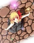  :o bad_id bad_pixiv_id blonde_hair bow breasts from_above glowing hair_bow hair_ribbon looking_up medium_breasts mochi.f open_mouth outstretched_arms red_eyes ribbon rumia short_hair solo spread_arms touhou 
