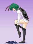  antennae black_legwear blush cape crotch_seam dressing green_eyes green_hair heavy_breathing no_panties panties pantyhose pantyhose_pull short_hair solo supon touhou underwear wriggle_nightbug 