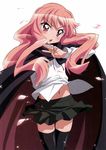  black_legwear cape fujii_masahiro highres long_hair louise_francoise_le_blanc_de_la_valliere midriff petals pink_eyes pink_hair scan solo thighhighs zero_no_tsukaima zettai_ryouiki 