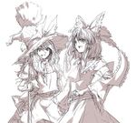  apron ascot beige bow broom buttons detached_sleeves frilled_bow frills greyscale hair_bow hakurei_reimu hat hat_bow kirisame_marisa long_hair looking_at_viewer monochrome multiple_girls shippori shirt short_hair simple_background sketch skirt smile touhou vest waist_apron witch_hat 