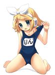  bad_id bad_pixiv_id barefoot blonde_hair blue_eyes bow hair_ornament hairclip headset kagamine_rin kneeling milk_(artist) one-piece_swimsuit pulled_by_self school_swimsuit short_hair solo swimsuit swimsuit_pull vocaloid 